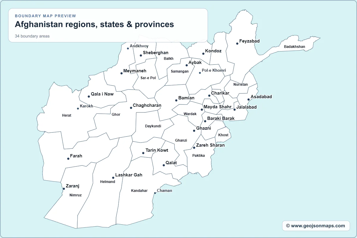 Preview of Afghanistan regions, states & provinces map