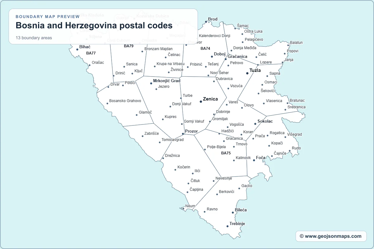 Preview of Bosnia and Herzegovina postal codes map