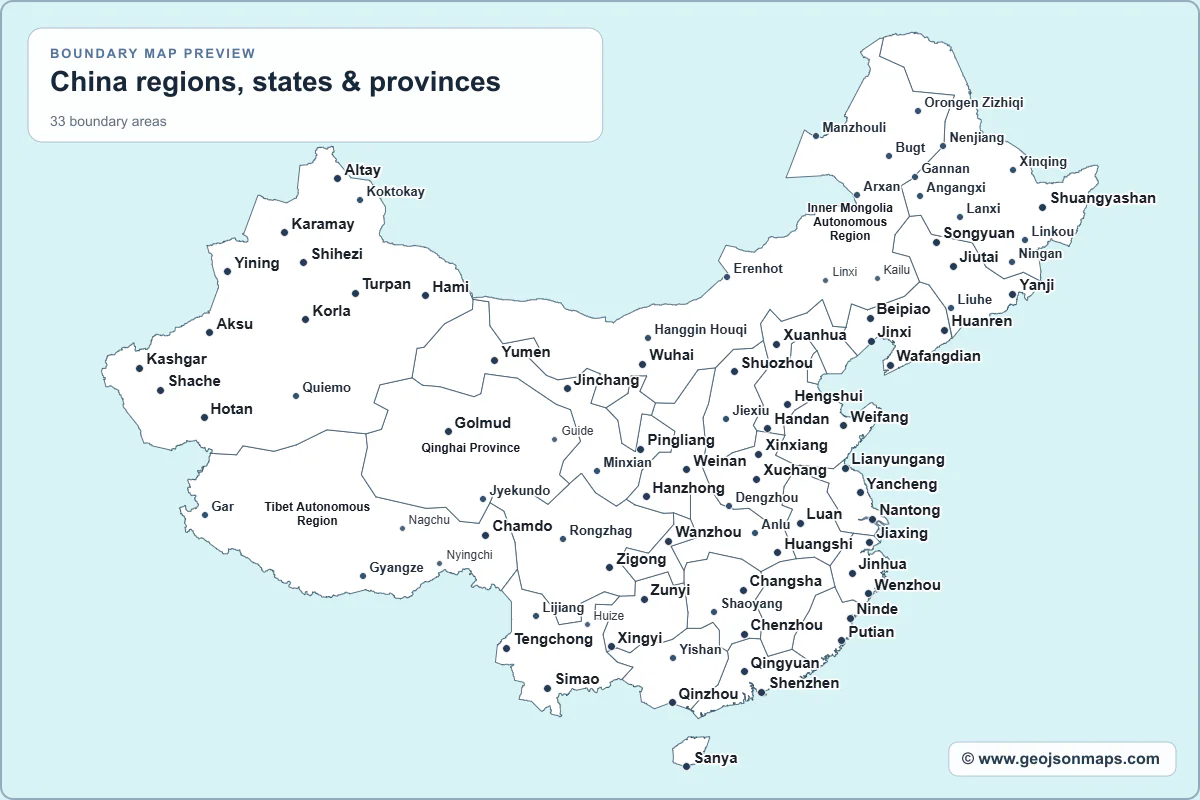 Preview of China regions, states & provinces map