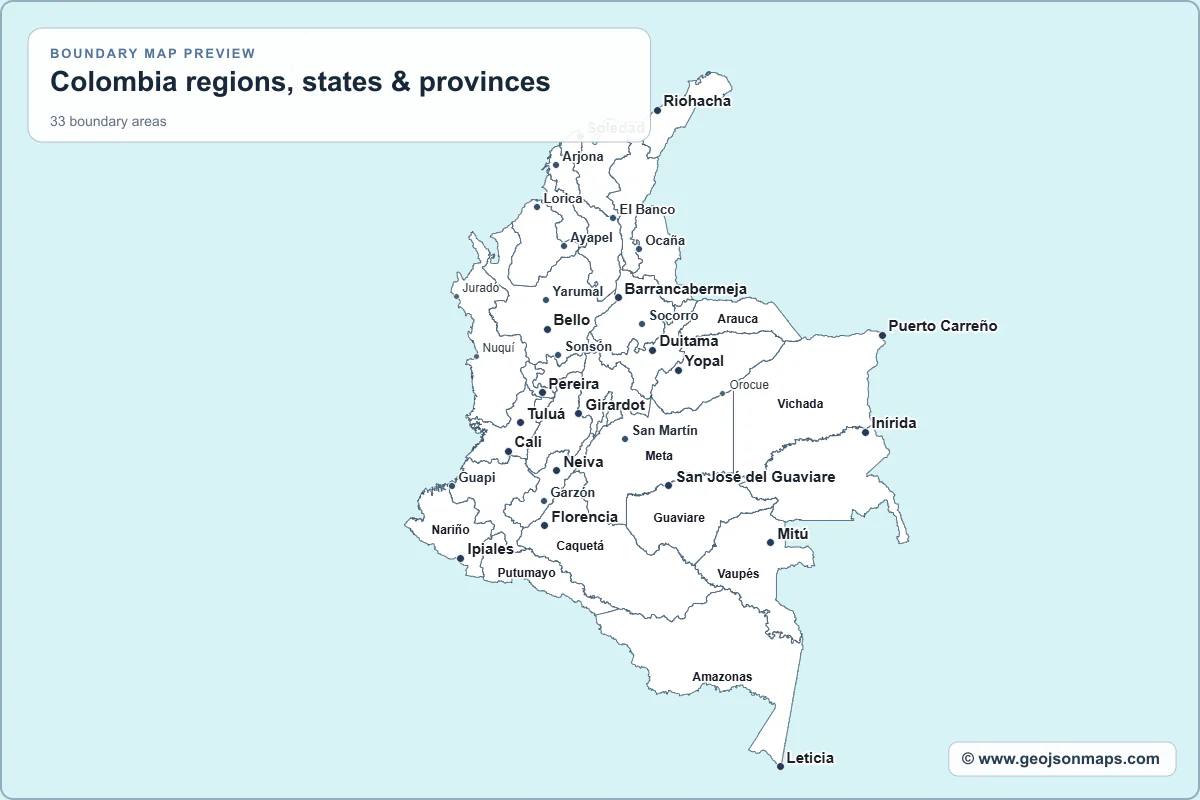 Preview of Colombia regions, states & provinces map