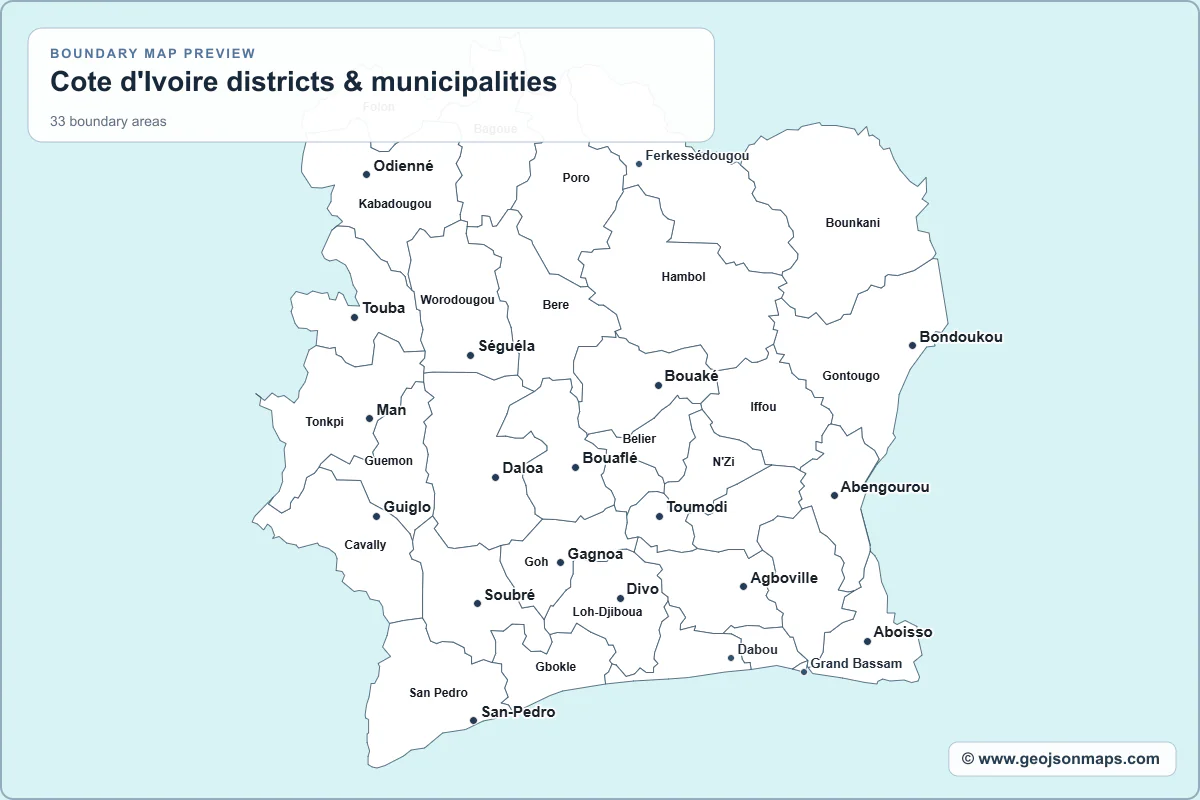 Preview of Cote d'Ivoire districts & municipalities map