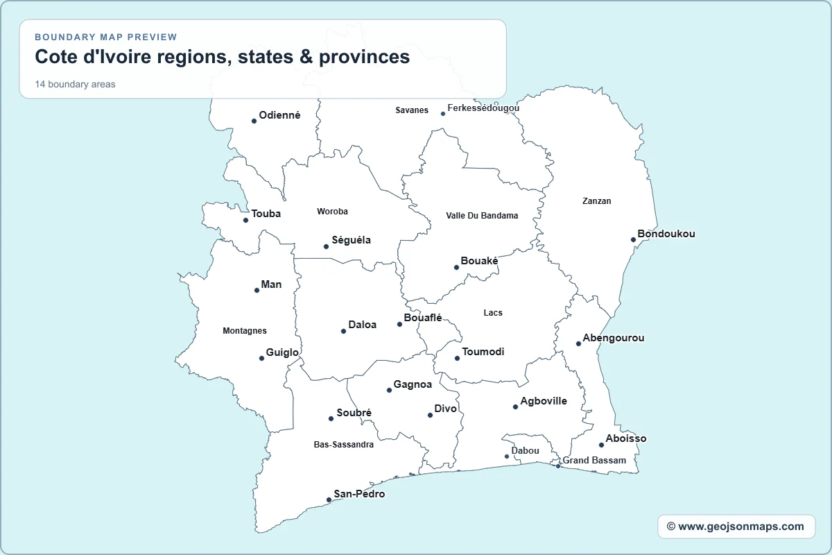 Preview of Cote d'Ivoire regions, states & provinces map