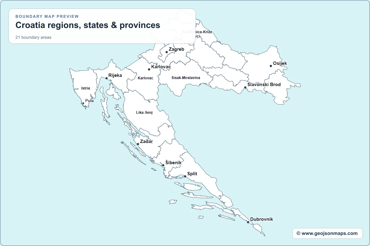 Preview of Croatia regions, states & provinces map