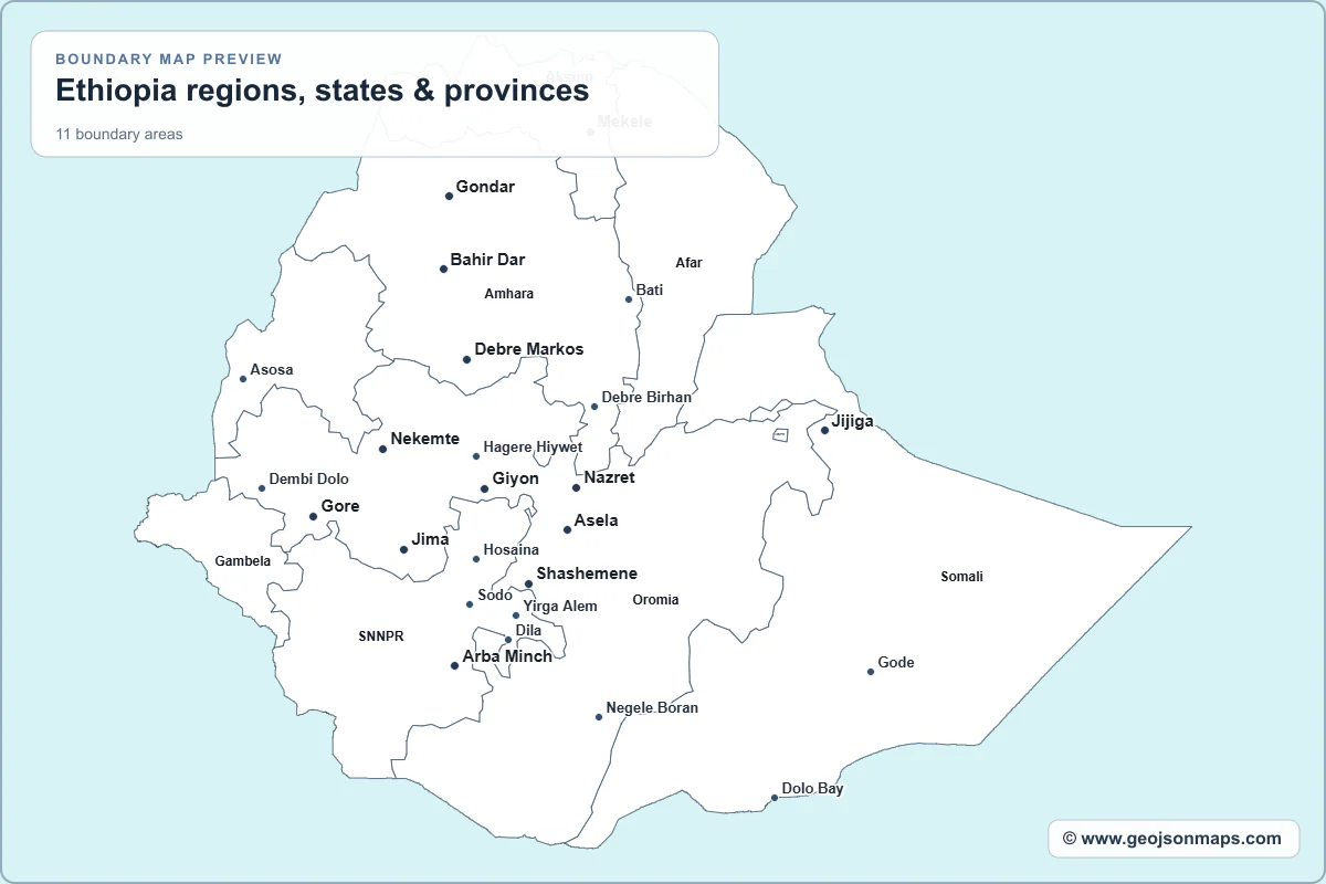 Preview of Ethiopia regions, states & provinces map