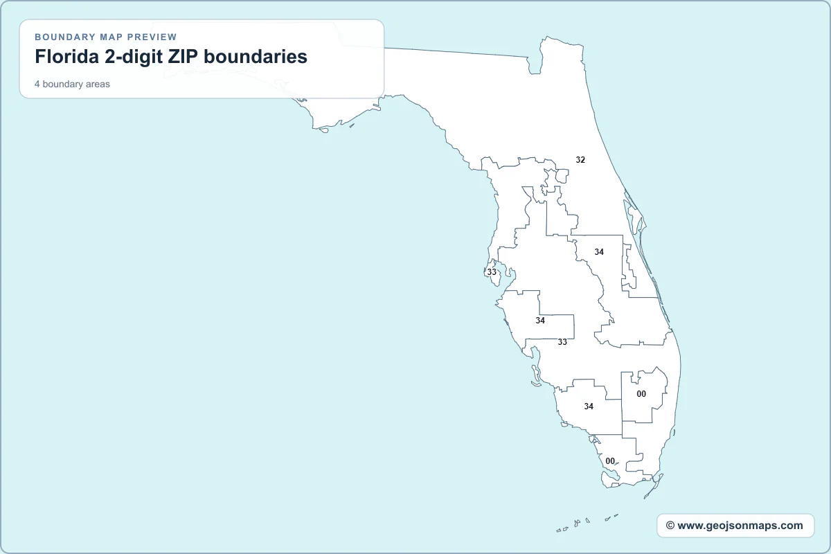 Preview of Florida 2-digit ZIP boundaries map