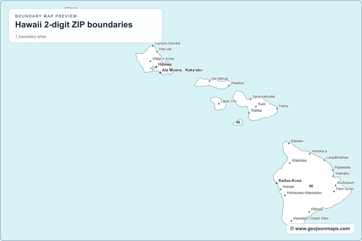 Preview of Hawaii 2-digit ZIP boundaries map