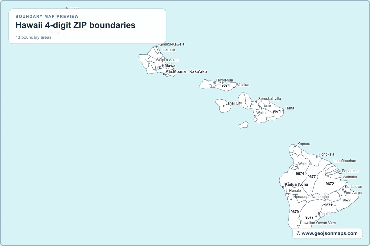 Preview of Hawaii 4-digit ZIP boundaries map