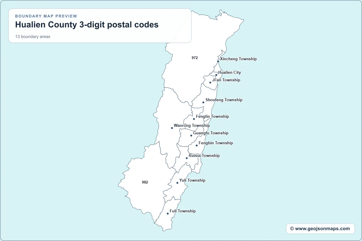 Preview of Hualien County 3-digit postal codes map