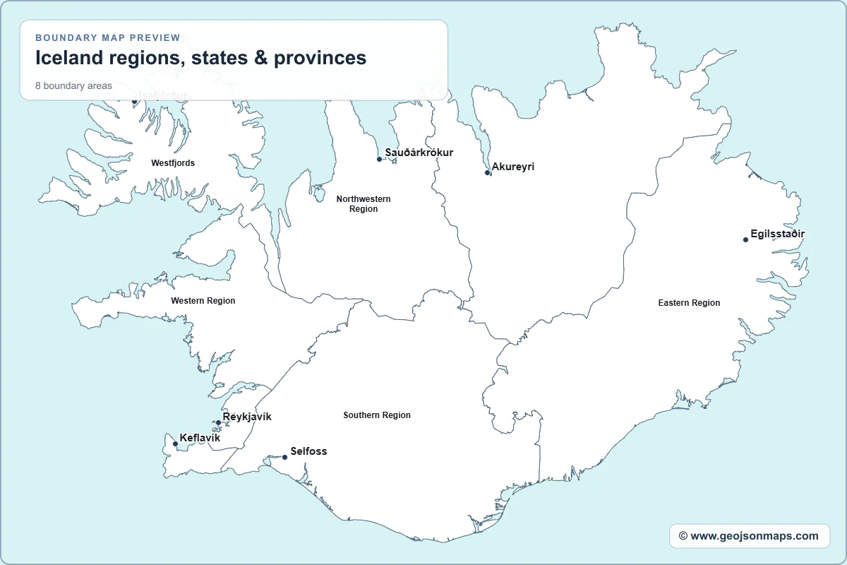 Preview of Iceland regions, states & provinces map