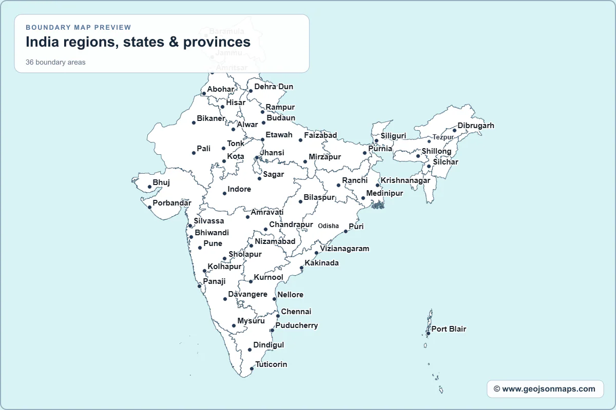 Preview of India regions, states & provinces map
