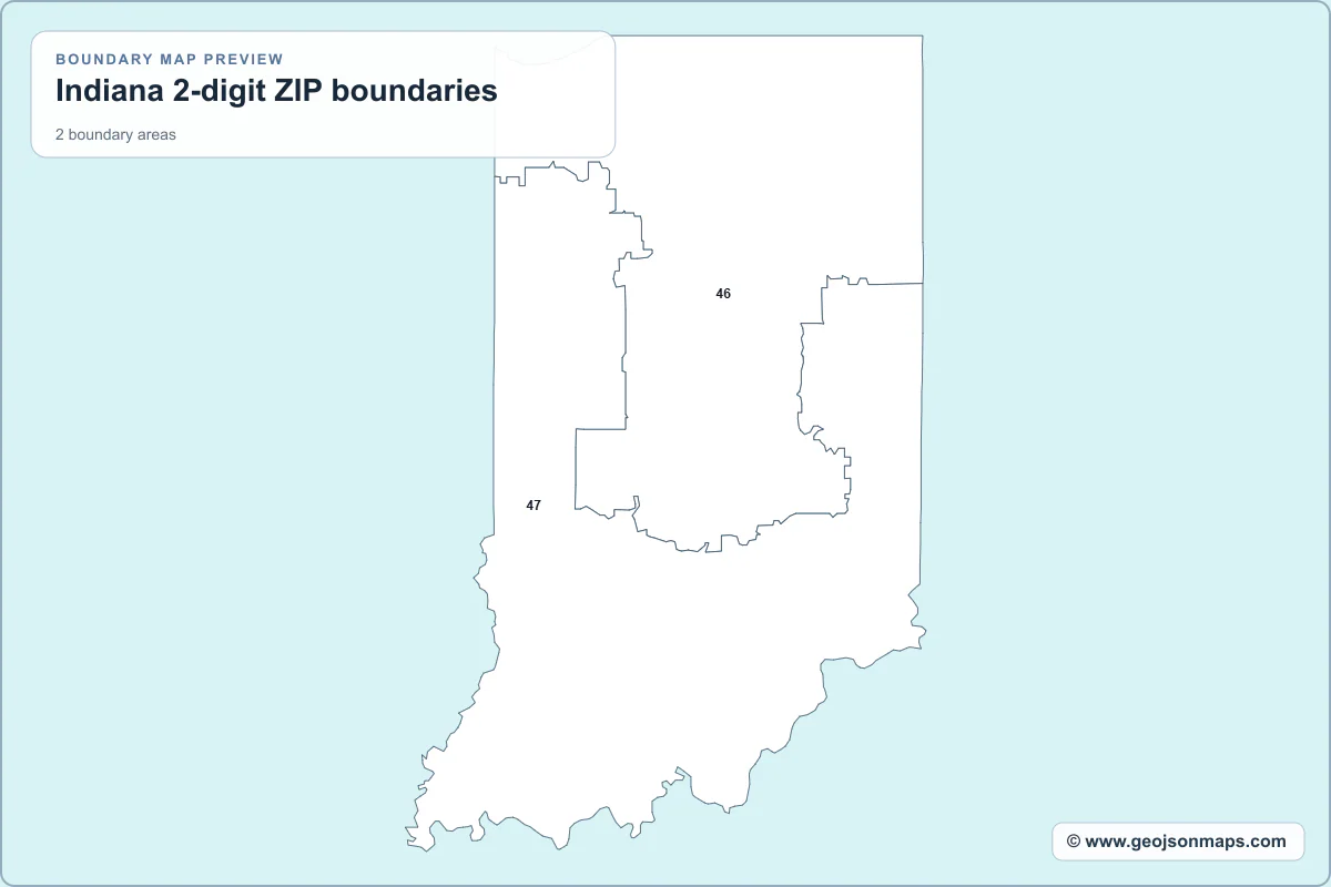 Preview of Indiana 2-digit ZIP boundaries map