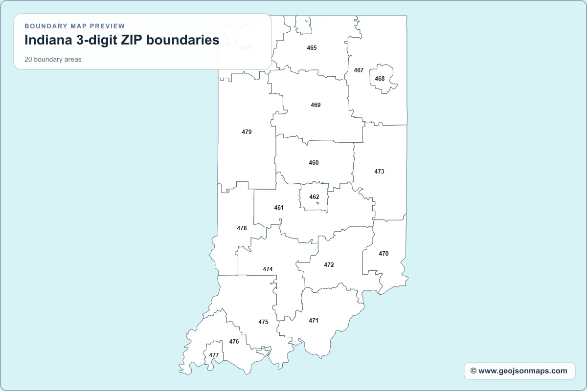 Preview of Indiana 3-digit ZIP boundaries map