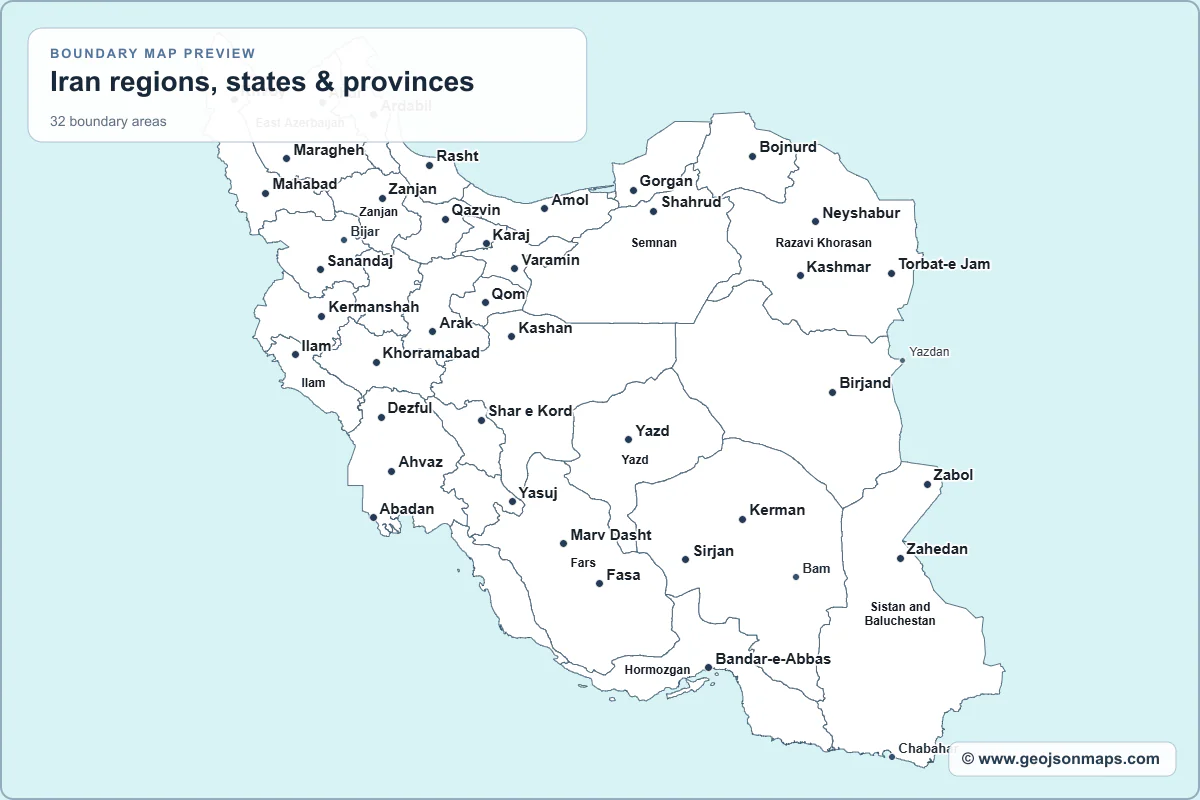 Preview of Iran regions, states & provinces map