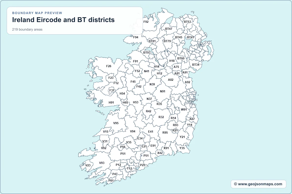 Preview of Ireland Eircode and BT districts map