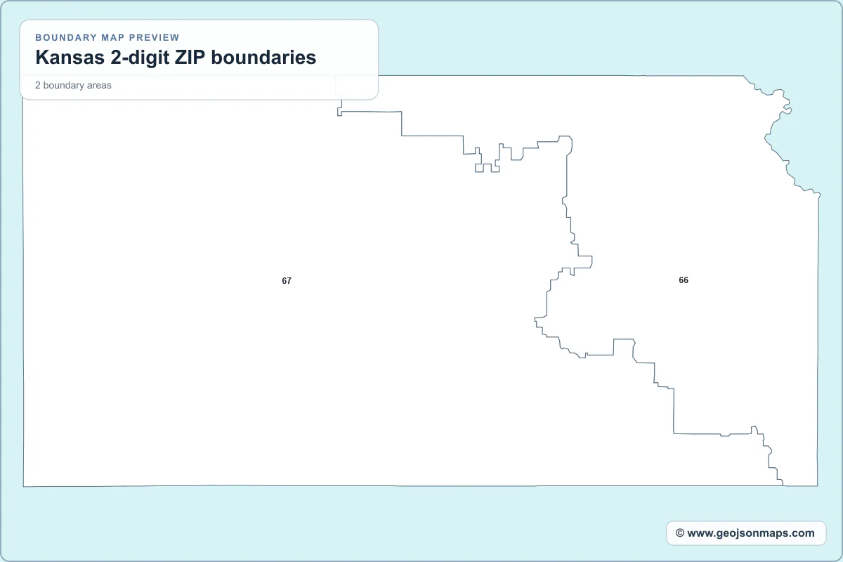 Preview of Kansas 2-digit ZIP boundaries map
