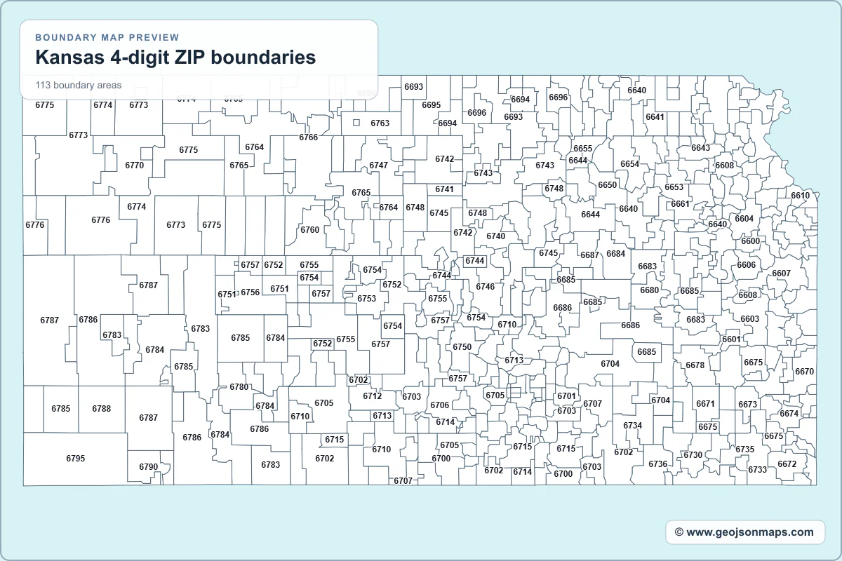 Preview of Kansas 4-digit ZIP boundaries map