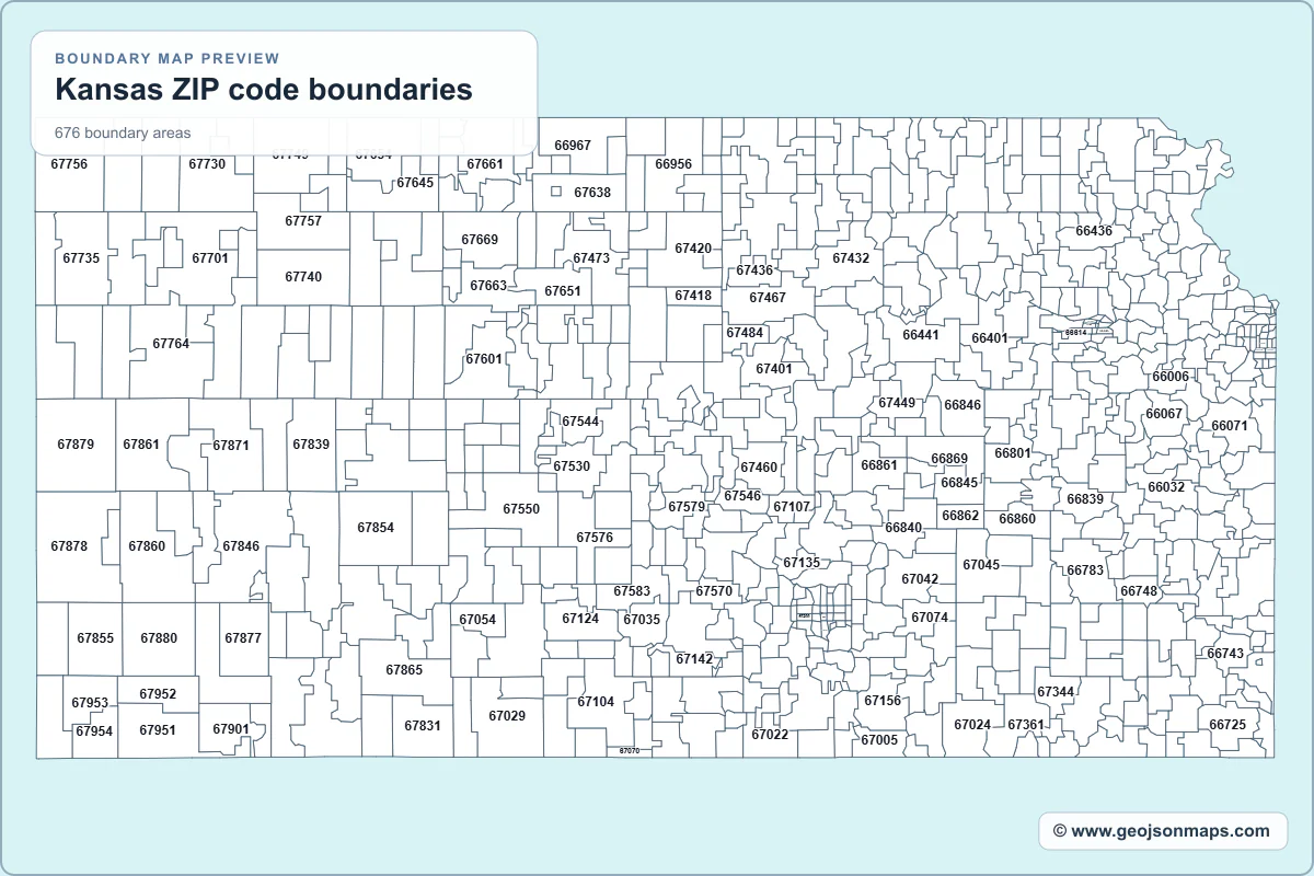 Preview of Kansas ZIP code boundaries map