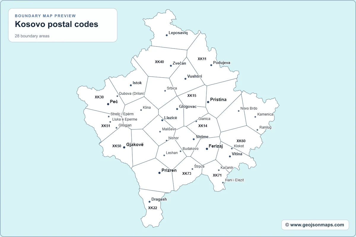 Preview of Kosovo postal codes map