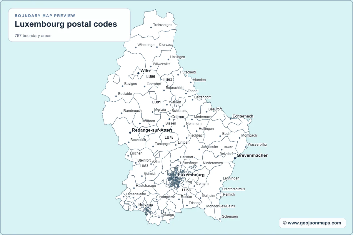 Preview of Luxembourg postal codes map