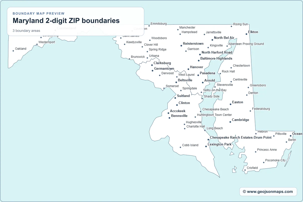 Preview of Maryland 2-digit ZIP boundaries map