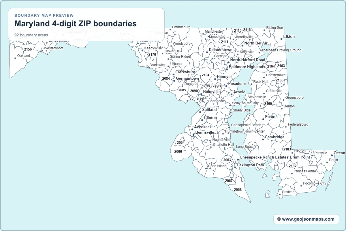 Preview of Maryland 4-digit ZIP boundaries map