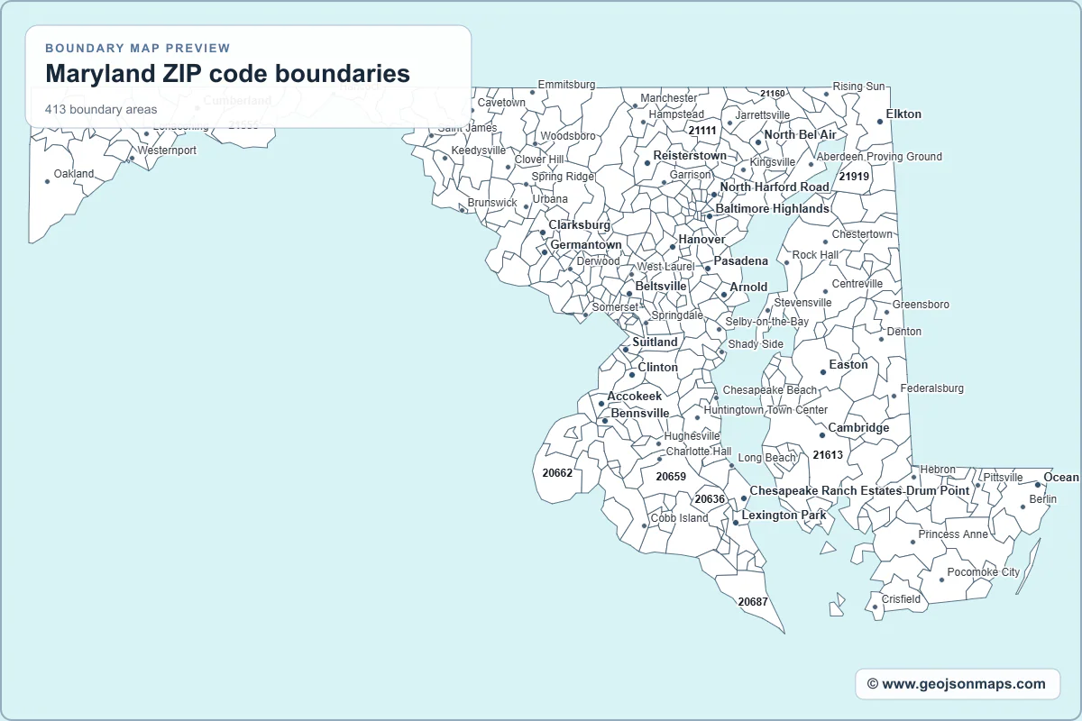Preview of Maryland ZIP code boundaries map