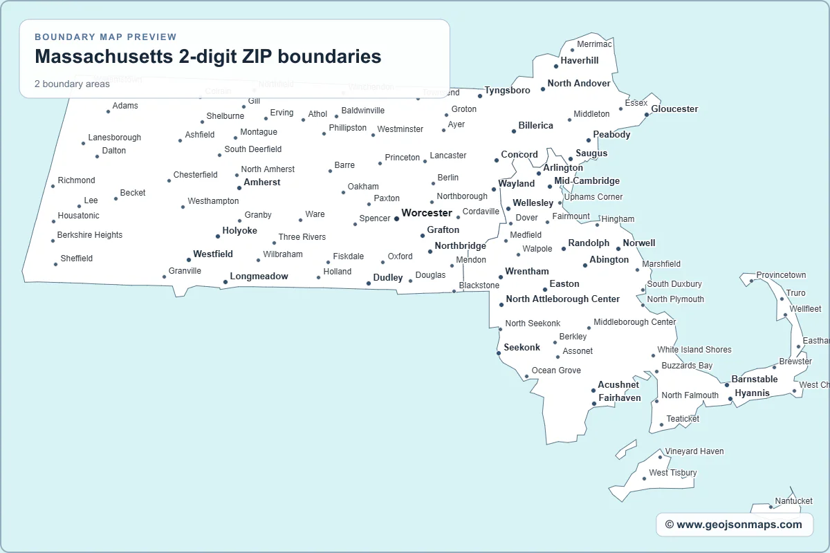 Preview of Massachusetts 2-digit ZIP boundaries map