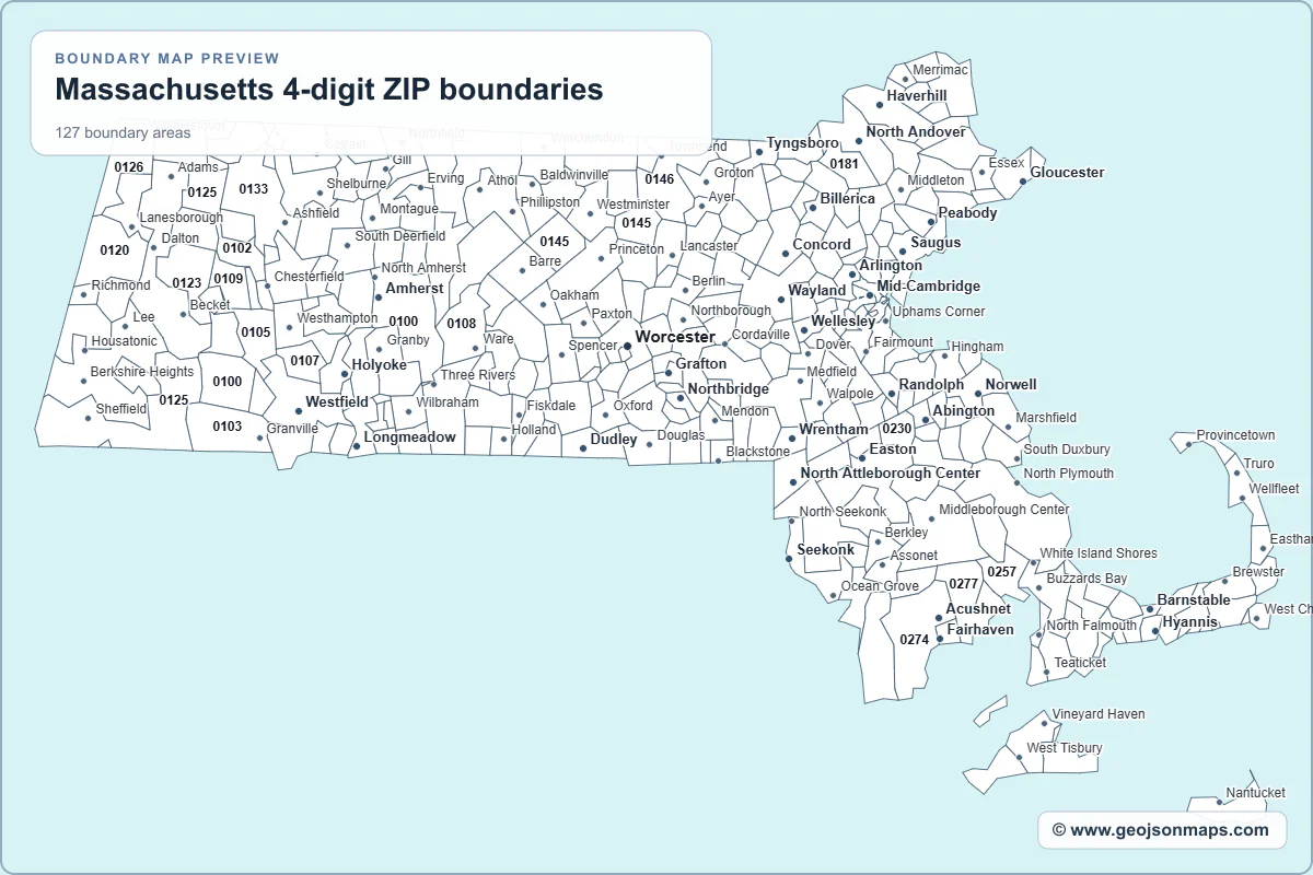 Preview of Massachusetts 4-digit ZIP boundaries map