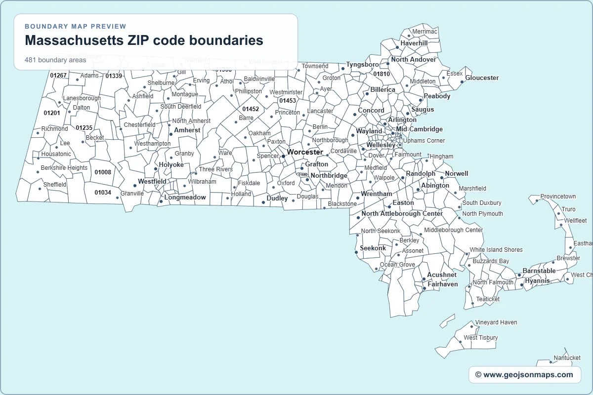 Preview of Massachusetts ZIP code boundaries map