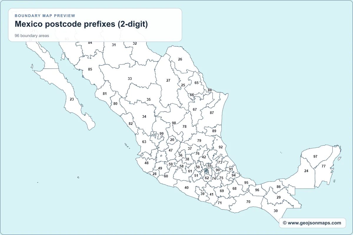 Preview of Mexico postcode prefixes (2-digit) map