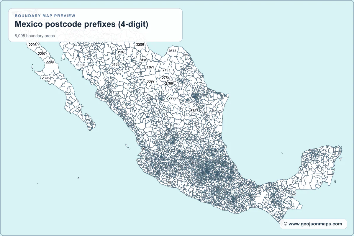 Preview of Mexico postcode prefixes (4-digit) map