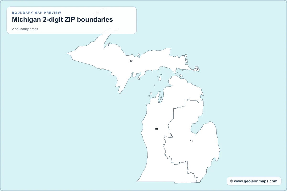 Preview of Michigan 2-digit ZIP boundaries map