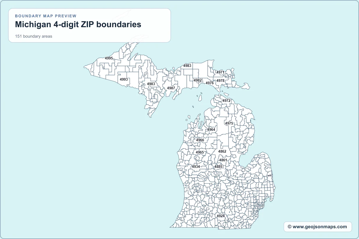 Preview of Michigan 4-digit ZIP boundaries map