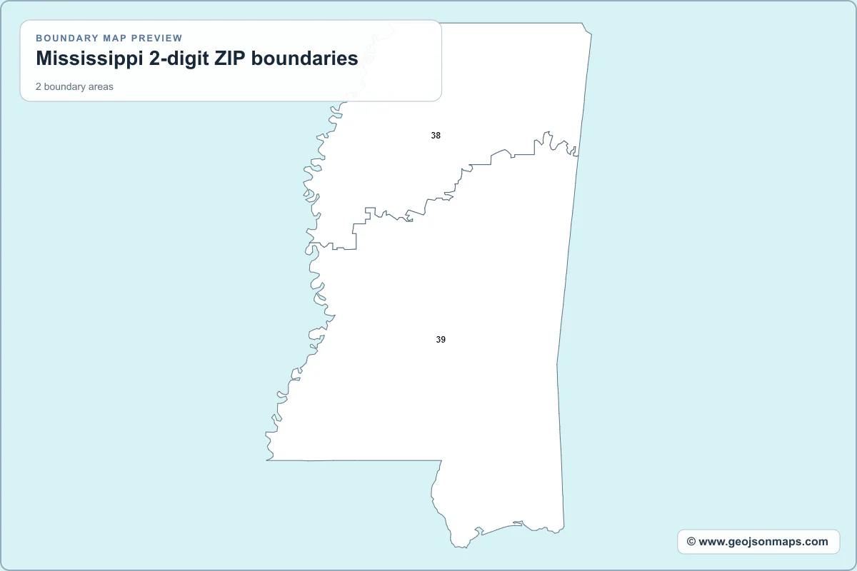 Preview of Mississippi 2-digit ZIP boundaries map