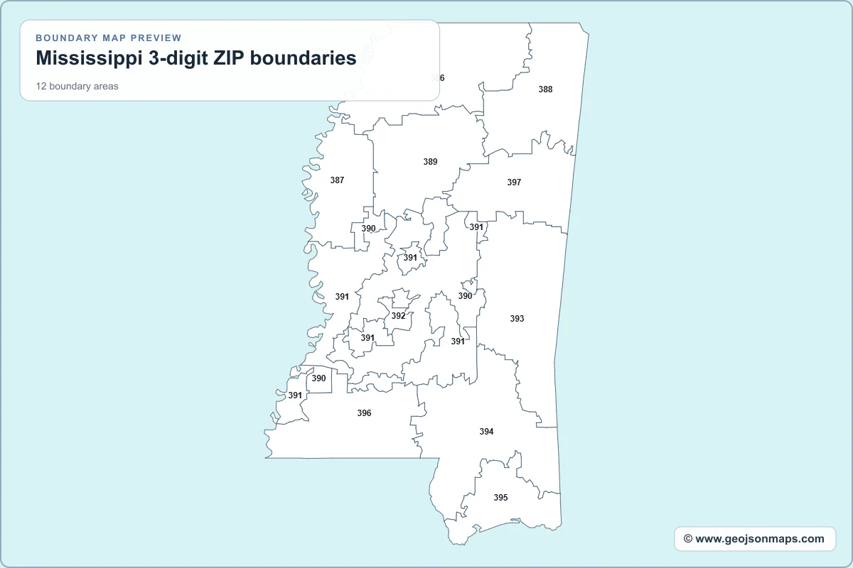 Preview of Mississippi 3-digit ZIP boundaries map