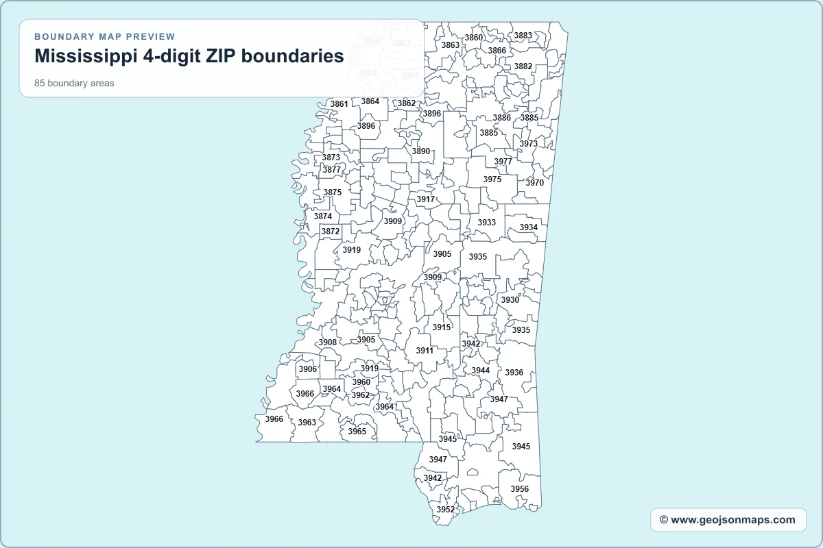 Preview of Mississippi 4-digit ZIP boundaries map