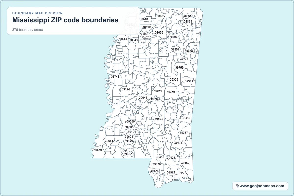 Preview of Mississippi ZIP code boundaries map