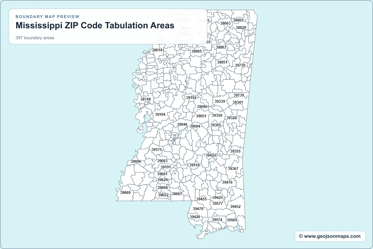 Preview of Mississippi ZIP Code Tabulation Areas map
