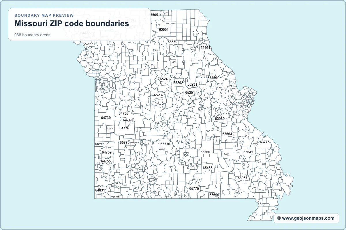 Preview of Missouri ZIP code boundaries map