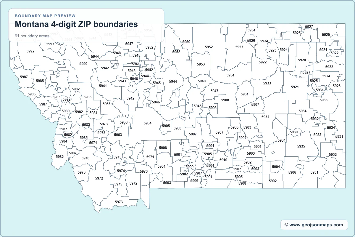 Preview of Montana 4-digit ZIP boundaries map