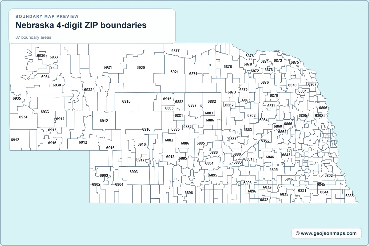Preview of Nebraska 4-digit ZIP boundaries map