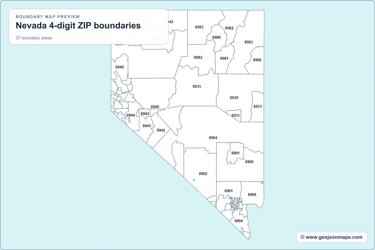 Preview of Nevada 4-digit ZIP boundaries map