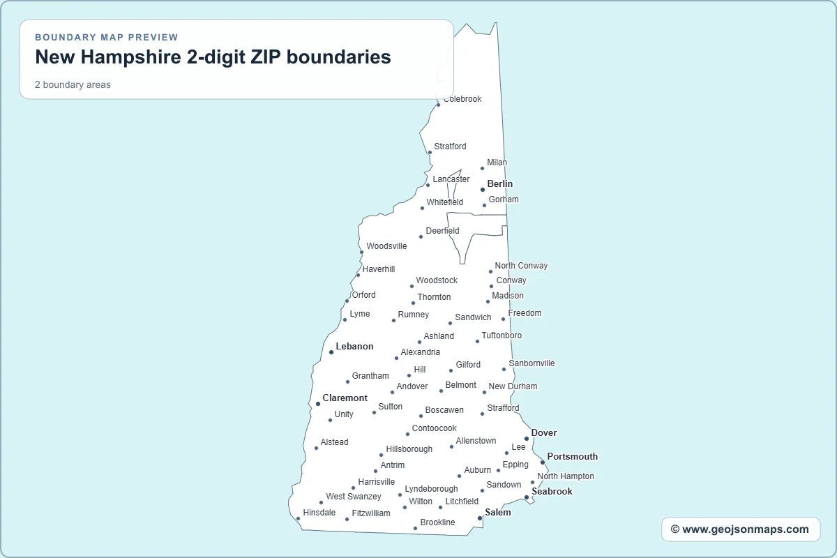 Preview of New Hampshire 2-digit ZIP boundaries map