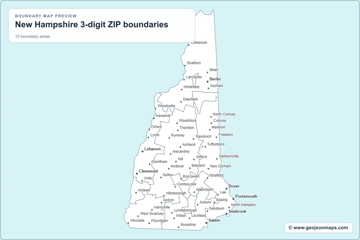 Preview of New Hampshire 3-digit ZIP boundaries map
