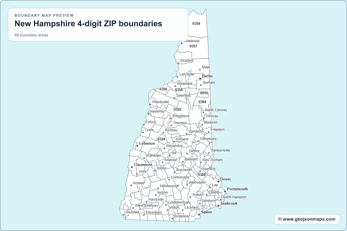 Preview of New Hampshire 4-digit ZIP boundaries map