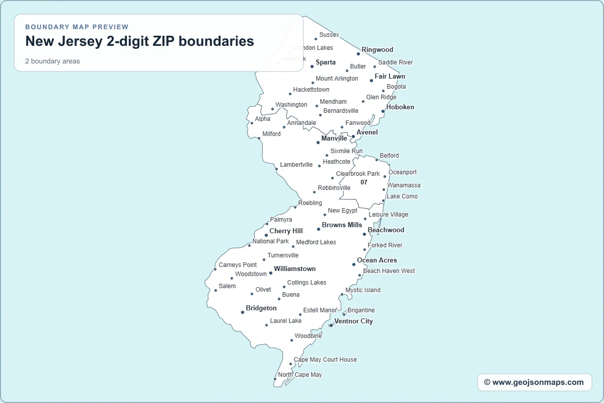 Preview of New Jersey 2-digit ZIP boundaries map