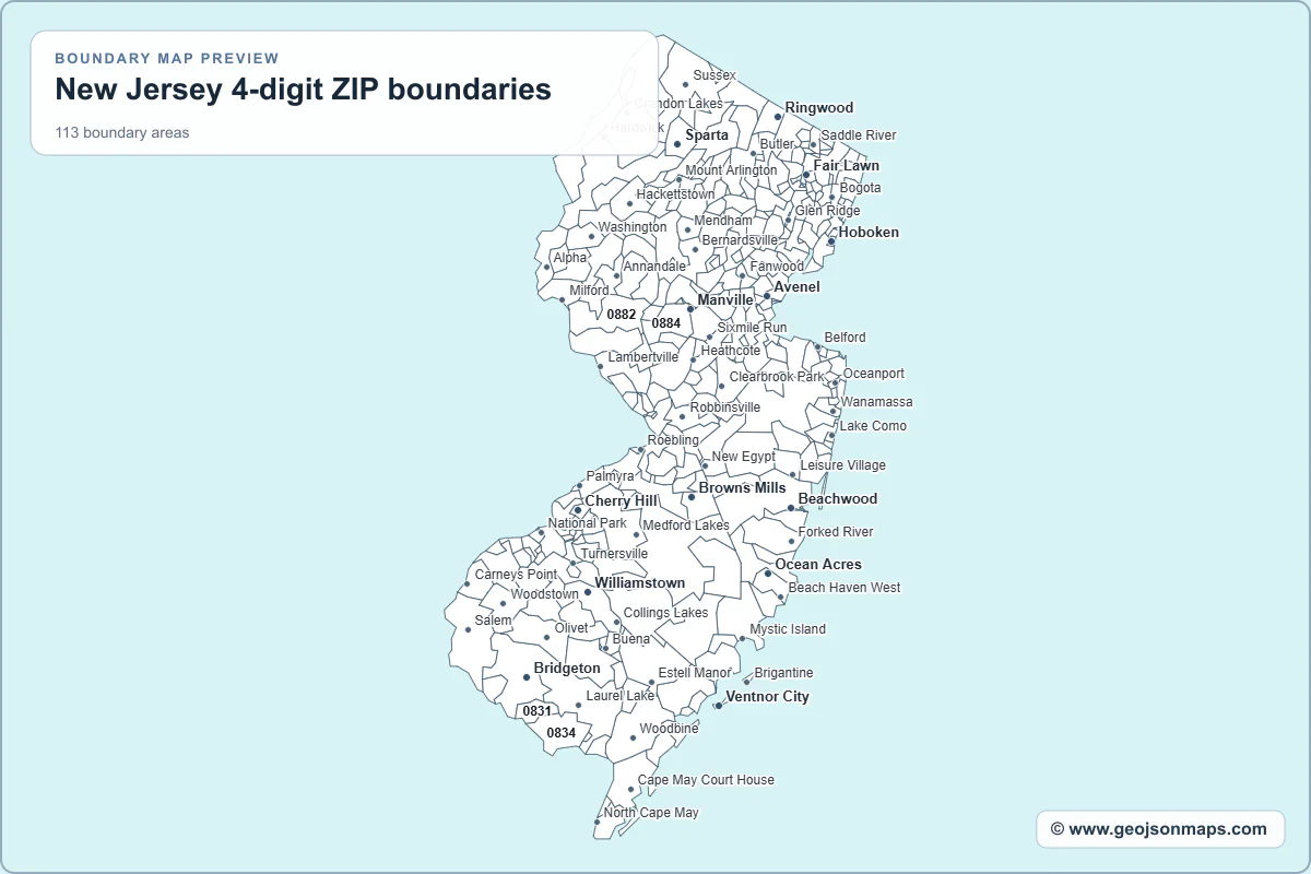 Preview of New Jersey 4-digit ZIP boundaries map
