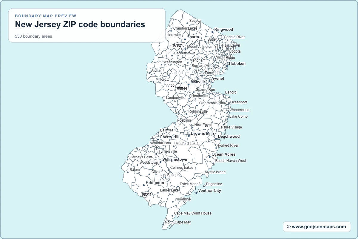 Preview of New Jersey ZIP code boundaries map