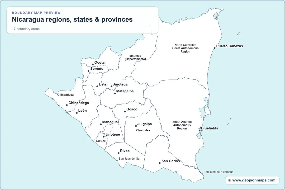 Preview of Nicaragua regions, states & provinces map