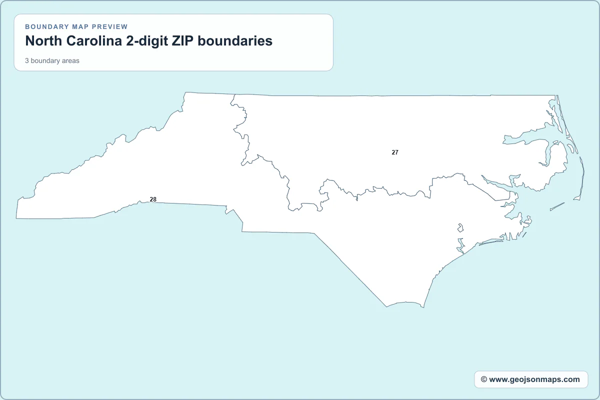 Preview of North Carolina 2-digit ZIP boundaries map